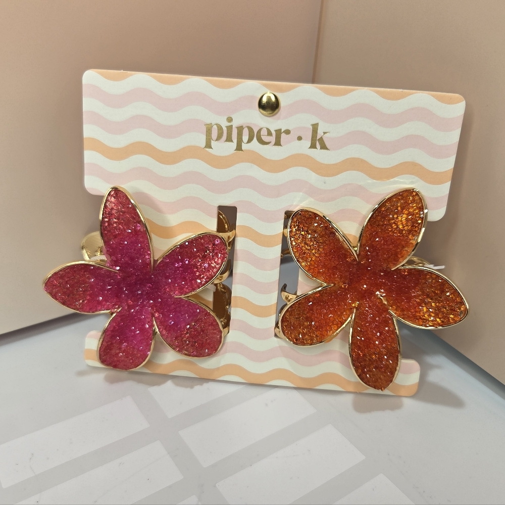 💕▪️Piper K ▪️Pink and Orange Glitter Flower Hair Clips